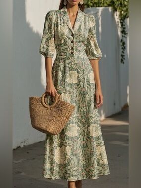 Green Floral V-Neck Maxi Dress with Button Front #154